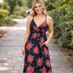 Lily Star Black Floral Maxi‎ Dress Womens M Spaghetti Strap Boho Sundress Flowy